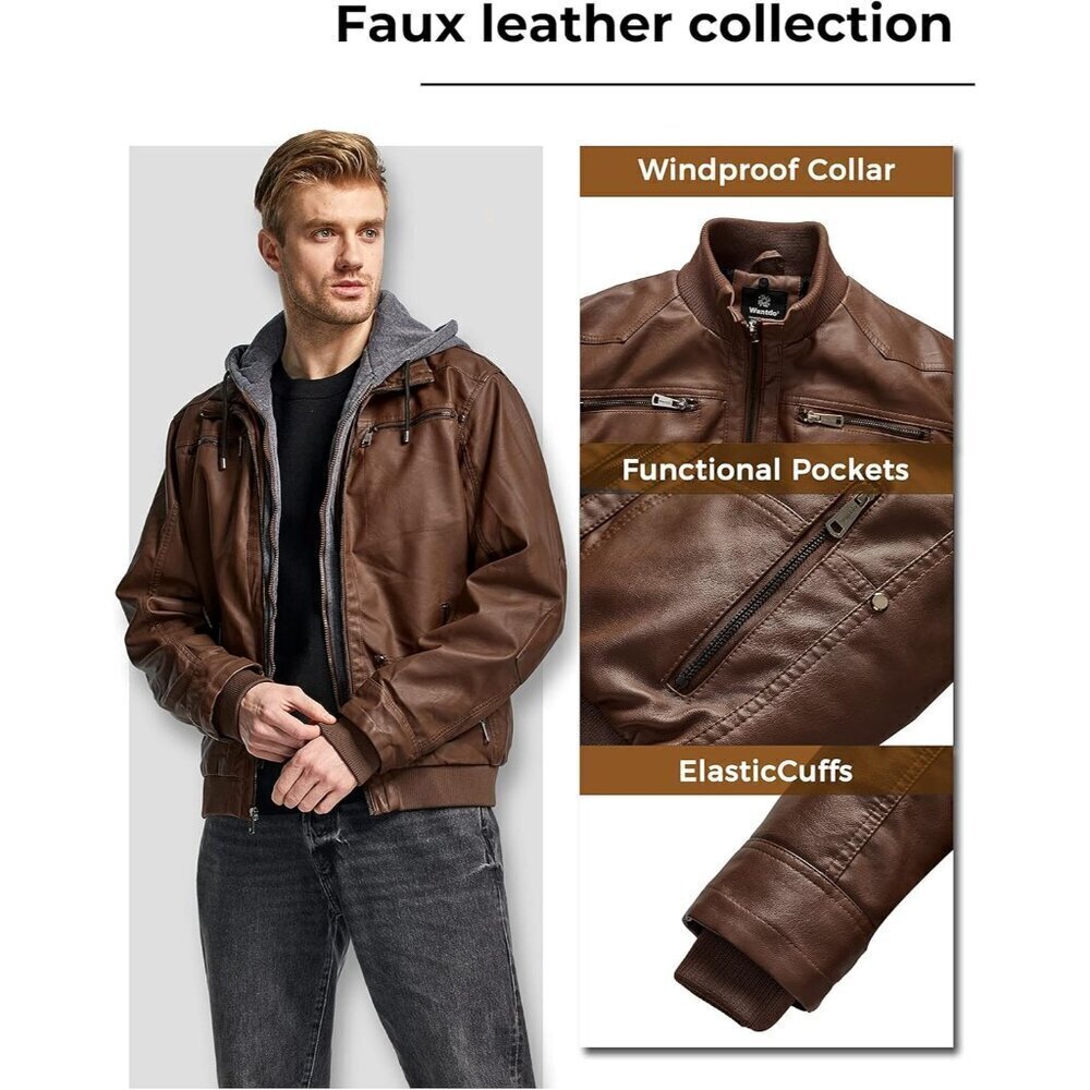 Men's Brown-Thick Winter Coat Faux Leather Spring Jacket with Removable Hood - Picture 5 of 6